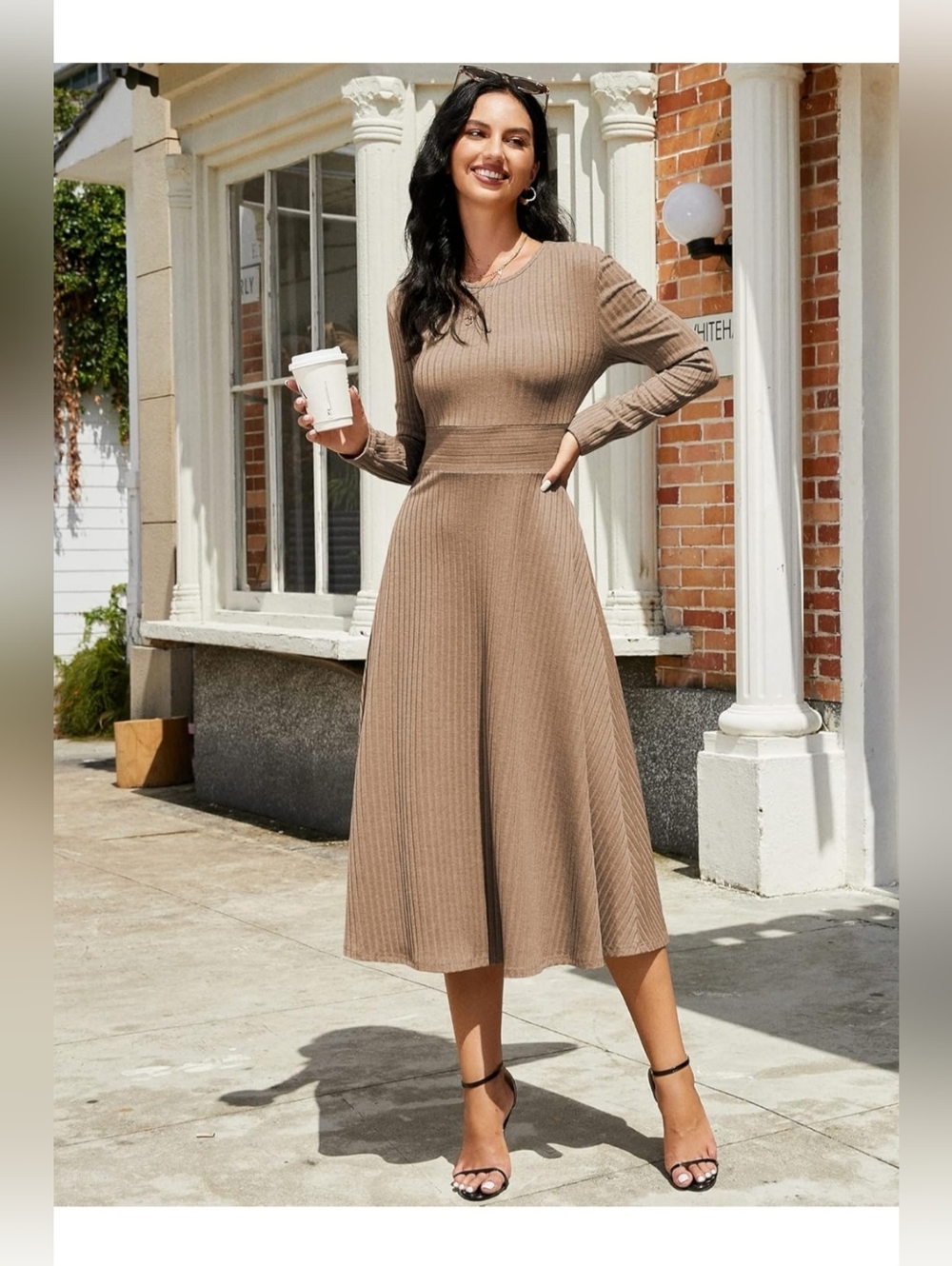 Like New Womens Tan Long Sleeve Ribbed Knit A-Line Midi Sweater Dress- S- Fall